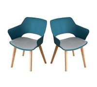 JZGORC Lot de 2 Chaise de Salle à Manger Modernes, Chaise de Salle à Manger de Style Nordique avec Accoudoirs, Pieds en Hêtre, Chaise de Cuisine Rembourrée à Carreaux en Lin - Bleu Paon