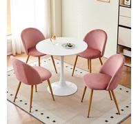 JZGORC Table à Manger avec 4 Chaises, Ensemble de Salle à Manger, 80 x 80 x 75 cm, Table à Manger Ronde en Bois, 4 Chaises en Velours à Dossier Haut, Rose + Blanc