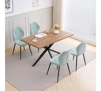 JZGORC Table et chaises Salle Manger 140cm+4 Vert Menthe chaises Rembourré | Tissu En Lin, MDF, Structure Métal, Placage en bois naturel, Style Scandinave, Pour La Salle À Manger Le Salon (Table Foncée)