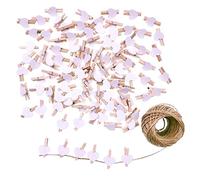 JZK 100 x Coeur Blanc Mini Pince à Linge en Bois 3 cm + Ficelle de Jute 30m pour Décoration de Carte de Titulaire de Photo de Fête de Mariage et Bricolage Décoration