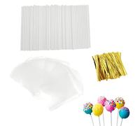 JZK 100x Bâtons sucettes en papier blanc 10cm bâtons de gâteau pop et sacs et attaches torsadées, bâtons sucettes au chocolat avec sacs en cellophane transparent