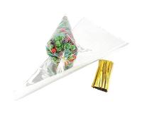 JZK 100x Sacs de cadeaux triangulaire en cellophane sachets bonbons à cône transparent avec liens torsadés pour friandises confettis biscuits pop-corn pour mariage anniversaire fête de Noël