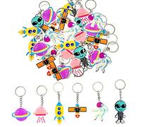 JZK 30x Décorations thème astronaute, accessoires fête thème espace, enfants porte-clés UFO Alien Rocket, cadeaux anniversaire pour enfants garçons et filles