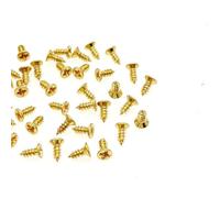 JZK Lot de 100 vis à tôle cruciformes M2 x 5 mm en laiton plaqué or à tête plate, mini vis cruciformes dorées pour maison de poupée, petites vis à bois en laiton pour charnières de boîte à bijoux