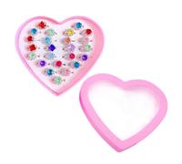 JZK Lot de 24 bagues réglables en pierres précieuses artificielles pour petites filles âgées de 3 à 10 ans, bijoux de déguisement avec boîte en forme de cœur, remplissage de sac de fête princesse pour