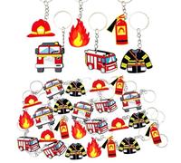 JZK Lot de 30 porte-clés pompiers - Camion de pompier - Extincteur - Casque - Veste - Porte-clés sur le thème des pompiers - Cadeau de fête - Fournitures de fête