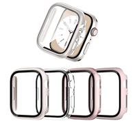 JZK Lot de 4 coques de protection pour Apple Watch Series 8/7 41 mm,En polycarbonate rigide,Film de protection d'écran en verre trempé pour iWatch 8/7 41 mm,Transparent/or rose/rose/étoiles