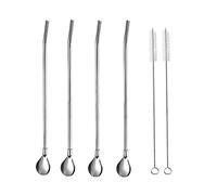 JZK Lot de 4 cuillères à paille réutilisables en acier inoxydable argenté 2 en 1 avec 2 brosses de nettoyage pour smoothies, milkshakes, café, cocktail
