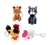 JZK Lot de 4 porte-clés LED en forme de coq, mouton, chat, chien, jouets d'animaux de la ferme avec lumières LED et son, gadget de fête d'anniversaire à thème, cadeau de remerciement pour enfants