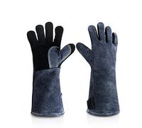 JZK Lourd Devoir Grand Cuir Résistant à Chaleur Résistant à Feu Gants Gantelets pour Poêle à Bois Brûleur à Bûches Soudure Barbecue, Gants de Jardinage pour Hommes