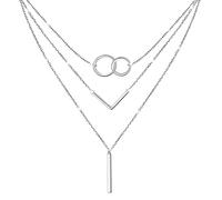 JZMSJF Colliers superposés en argent sterling S925 avec barre circulaire à 3 couches Boho Long Collier triple ras du cou Collier Bijoux Cadeau pour femme, 14+16+18+2 inches, Argent sterling, Zircone