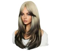 Jzoowar 64 cm Perruque de Simulation Européenne et Américaine Femme Cheveux Longs Centre Séparé Tête Complète Ensemble Cheveux Longs Femme Ensemble Tête Perruque, E