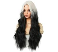 Jzoowar Perruque Blanche et Noire Dégradée de 70 cm pour Femme, Cheveux Longs et Bouclés, avec Raie au Centre, Frange Ondulée en Fibre Chimique