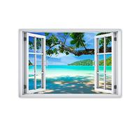 JZSDGB Tableau de Paysage-Impression sur toile Fausse Fenêtre-Decoration Murale Salon Moderne 3D fenêtre Vue Tableau XXL-Image Paysage Plage de l'île tropicale 70x105cm(28x41in) Sans cadre