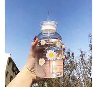 JZSMY - Bouteille d’eau mignonne de 480 ml avec échelle, 2 couvercles, petite marguerite, en verre transparent mat portable, bouteilles de créateurs pratiques (Transparent 6 fleurs)