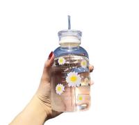 JZSMY Bouteille d'eau mignonne de 480 ml avec échelle 2 couvercles, petite marguerite, portable, portable, en verre, tasse créative et pratique (6 fleurs transparentes)