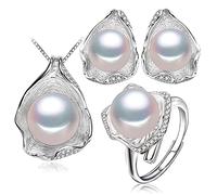 JZWCHQ ACCESSOIRES 925 Ensemble de bijoux de perle d'eau fraîche en argent sterling pour N Boho Shell Design Boes Oreads Ring Stat Statement Collier