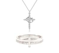 JZWCHQ Pave Collier de couronne en rotation de zircon, collier de croix et bague, collier de croix en diamant en cristal,