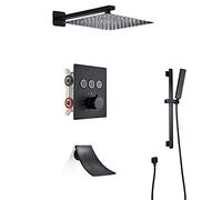 JZWCHQ Système de Douche thermostatique Noir Noir, Piste de Douche de précipitations en Acier Inoxydable, Douche à Main avec Barre de Glissement, Ensemble de robinets de Baignoire en Cascade Murale,