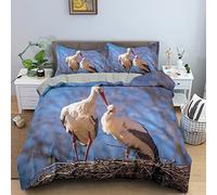 JZZFBW Housse De Couette 200x200cm Cigogne Blanche Bleu Clair Microfibre Parure Housse Couette avec Fermeture éClair + 2 Taies d'oreiller 65x65cm,Housse De Couette 3D Imprimé