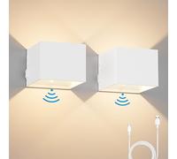 K-Bright 2PCS 5W Applique Murale Interieur à Piles avec Détecteur de Mouvement Lampe Murale Sans fil avec Interrupteur Chambre Veilleuse Magnétique USB Rechargeable Batterie Lampe, 3000K, Blanc