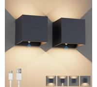K-Bright 2PCS Applique Murale Interieur avec Détecteur de Mouvement 5W LED Lampe Murale Sans Fil avec Interrupteur, USB Rechargeable Batterie Lampe, Blanc Chaud 3000K,Anthracite