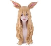 K/DA Ahri femmes doré longue perruque bouclée avec oreille Cosplay Costume KDA résistant à la chaleur synthétique cheveux fête Performance perruques