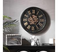 K&L Wall Art Grande horloge murale de 46 cm - Horloge de salon industrielle - XXL - Vintage - En métal - Roues dentées mobiles (chiffres romains, noir et doré)