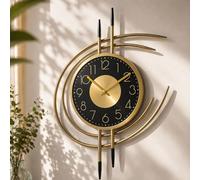 K&L Wall Art Grande horloge murale dorée de 54 cm pour le salon, horloge sans bruit de tic-tac, horloge murale en métal, noir et doré, aspect doré