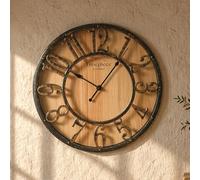 K&L Wall Art grande horloge murale vintage industrielle en bois avec aspect métal sans bruit de tic-tac (Farmhouse Brown, Ø 50cm)