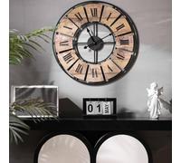 K&L Wall Art Grande horloge murale vintage pour salon - En bois de palette - Sans bruit de tic-tac - Chiffres romains modernes XL (métal aspect bois, Ø 50 cm, bois vieilli)