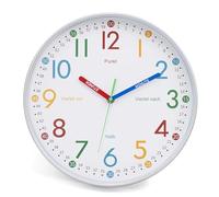 K&L Wall Art Horloge murale éducative, moderne, silencieuse, sans bruit de tic-tac, pour enfant garçon et fille, argentée, gris, 30 cm