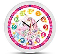 K&L Wall Art Horloge Murale pour Les Enfants de l'école Primaire Apprendre à Lire Les Chiffres de l'horloge Rose Ø 30cm Fleurs Licorne Cheval