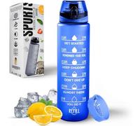 K-MART Bouteille d'eau de sport de 1 l avec marqueurs de temps, sans BPA, anti-fuite, parfaite pour la course à pied, le cyclisme, la gym, le yoga, le camping et les activités de plein air, bleu