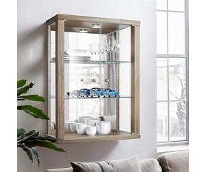K-Möbel Vitrine Murale pour Collection (80x60x25cm) - Fabriqué en Allemagne - Petite Etagere Vitrine en Verre Suspendue avec 2 étagères réglables en Verre trempé (ESG), Miroir & LED in Chêne Sonoma