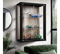 K-Möbel Vitrine Murale Verre (80x60x25cm) - Fabriqué en Allemagne - Petite Vitrine en Verre Suspendue avec 2 étagères réglables en Verre trempé (ESG) in Chêne Sonoma/Noir vitrées de présentation