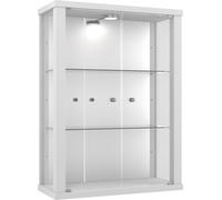 K-Möbel Vitrine suspendue en blanc (80x60x25 cm) avec 2 étagères en verre réglables en hauteur, miroir & LED - Vitrine suspendue en verre -