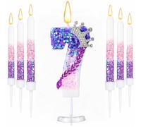 K pop7ème bougie d'anniversaire,violet rose numéro 7 bougie avec 6 pièces longues bougies pour les filles gâteau topper cupcake décoration fête anniversaire célébrations fournitures (Numéro 7 bougie)