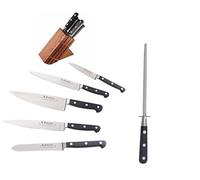 K SABATIER - Coffret De 5 Couteaux - Un Fusil Et Un Bloc en Bois Gamme Proxus - Acier Inoxydable - Manche Noir - 100% Forge - Entièrement Fabrique en France