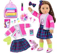 K.T. Fancy Ensemble de 14 pièces de vêtements et d'accessoires de poupée de style britannique de 45,7 cm avec sac d'école, papeterie licorne, outils de maquillage pour poupées de 45,7 cm