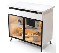 K5C7S3W9D6 Armoire de Rangement de Cuisine Buffet de Rangement for îlot Cuisine, Portes en Verre trempé et Dessus Pierre frittée Îlot de Cuisine(Blanc,Petit)