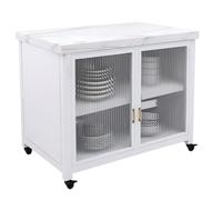 K5C7S3W9D6 Armoire de Rangement de Cuisine Îlot de Cuisine Roulant avec Armoire Rangement en métal Porte Verre cannelé et Dessus Pierre frittée Îlot de Cuisine(Blanc,Moyen)