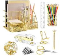 KAAKOW Lot d'organiseurs de bureau et accessoires dorés - Agrafeuse, porte-stylo, support de téléphone, ciseaux, stylo, règle, 30 trombones, 22 pinces, 20 punaises et 1000 agrafes (doré)