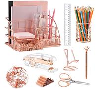 KAAKOW Organisateurs de bureau et accessoires or rose - Ensemble d'agrafeuse, porte-stylo, support de téléphone, ciseaux, stylo, règle, 30 trombones, 22 pinces, 20 punaises et 1000 agrafes (or rose)