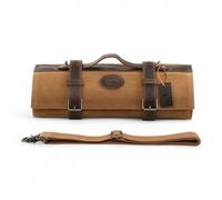 KAAMUT® Sac à Couteaux Professionnel - Trousse Enroulable avec 12 Compartiments & 2 Poches Zippées - Toile Cirée & Cuir Véritable - Grand Format - Coffret Cadeau Luxe Inclus