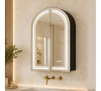 KAASUNES Arch Armoire de salle de bain avec miroir à LED en acier anti-buée, 3 températures de couleur, intensité variable, étagères en verre éclairées, 2 portes, noir, 61 × 91 cm