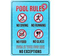 Kaberalty Panneau d'avertissement « Swim at Your Own Risk Pool Rules » en métal pour extérieur, « No Diving No Running No Food No Glass », résistant aux intempéries, 24 x 35 cm, argenté