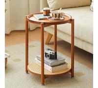 KaBuea 2-Tier Bamboo Side Table with Round Top, Bottom Rattan Storage, Portable Sofa Bedside Table for Living Room(38x38x52cm)