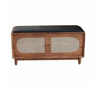 KaBuea Banc de Rangement de Chaussures d'entrée Marron: Bois Massif, Coussin en Faux Cuir, Armoire en rotin et Rack à 2 Niveaux - Organisateur Domestique