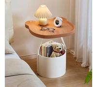 KaBuea Table d'appoint Blanche avec Plateau en Grain de Bois, Panier de Rangement inférieur en métal et roulettes à 360 °, Table de Chevet de canapé Portable for Salon